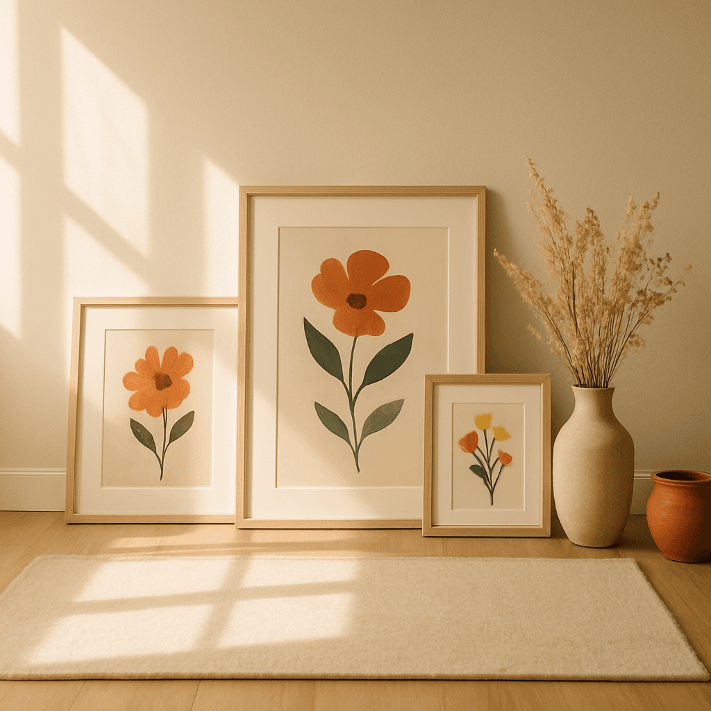 A sunlit artist's studio with framed floral prints and dried flowers