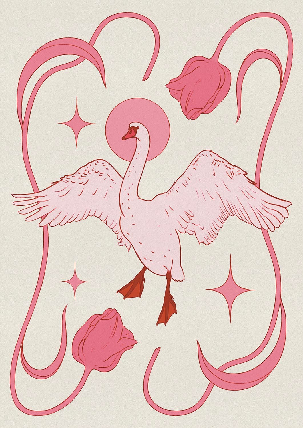 Swan with Tulips (Pink on Cream)