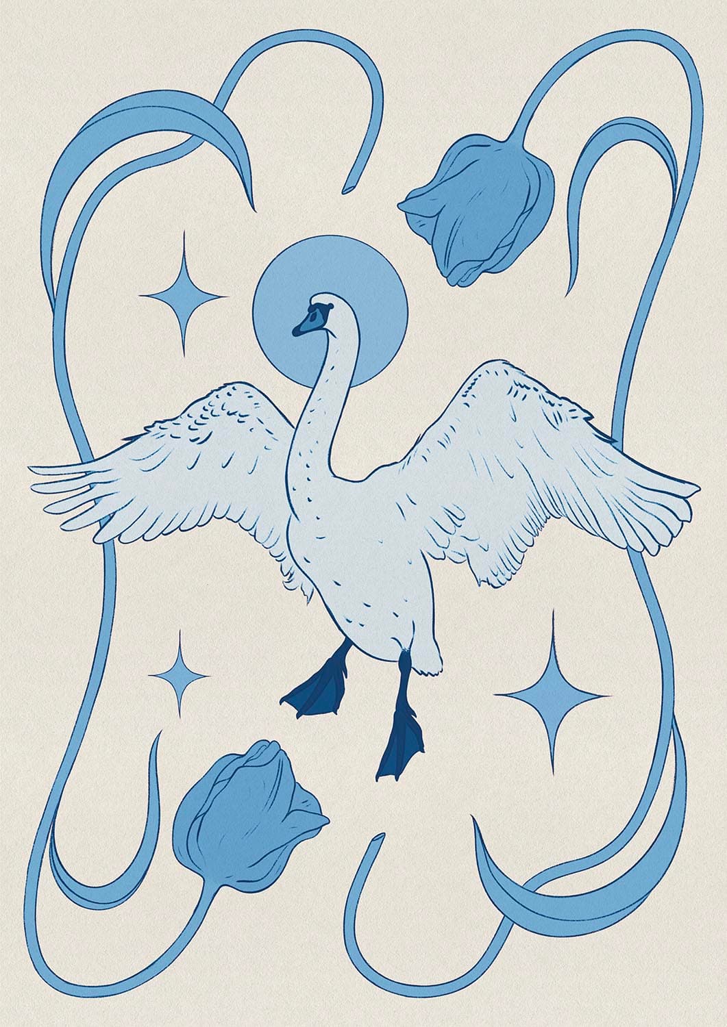 Swan with Tulips (Blue on Cream)